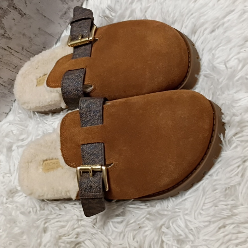 New Michael Kors Judd Brown Suede Mules Shearling Lined Lug Soles Size 7 - Picture 4 of 15